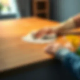 A person cleaning a wooden surface to remove grain and discoloration using a cloth and cleaning solution.
