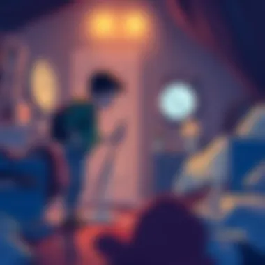 Player cleaning fast before midnight A character hurriedly cleaning a messy room with a clock showing almost midnight, while a humorous figure resembling a dad looks on