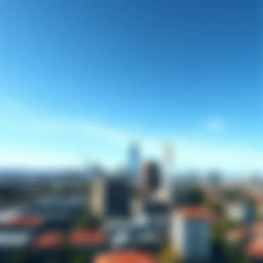 A clear sky over a city with visible pollution control measures and greenery