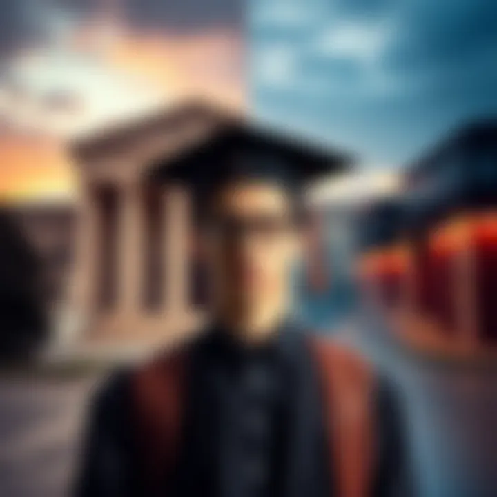 A law school graduate weighing options between a federal clerkship in Washington, DC and a job in patent prosecution, with a split background showing a courthouse on one side and a law office on the o...