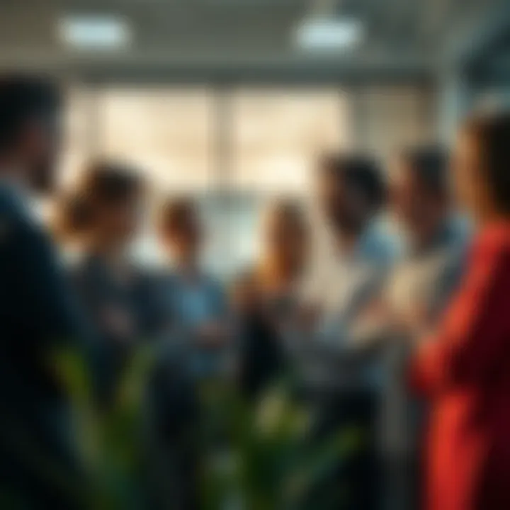 A diverse group of professionals discussing strategies to attract clients for AI automation services in an office setting