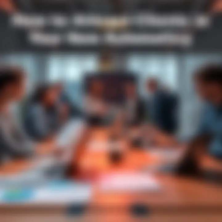 A group of professionals discussing strategies to attract clients for an automation agency, with charts and laptops on a table.