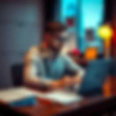 A person sitting at a desk with a laptop, focused on sending emails and taking notes in a notebook, surrounded by motivational quotes and resources for finding clients.