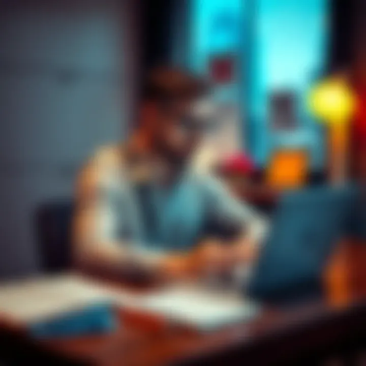 A person sitting at a desk with a laptop, focused on sending emails and taking notes in a notebook, surrounded by motivational quotes and resources for finding clients.