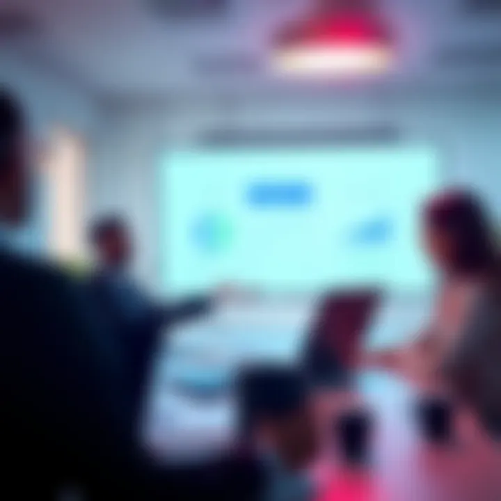 A business professional presents a fake AI solution to a client during a meeting, using a laptop with graphs and charts on the screen.