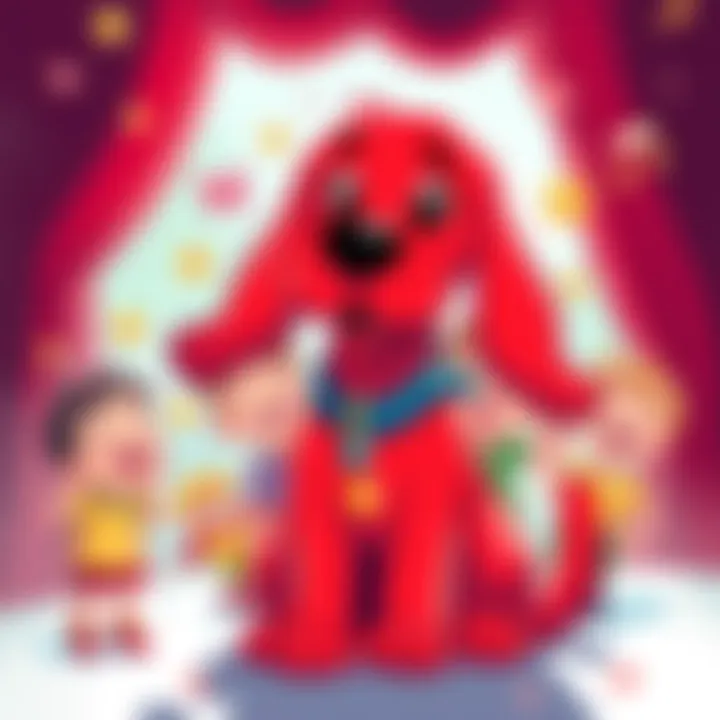 A colorful illustration of Clifford the Big Red Dog surrounded by children and playful elements, showcasing joy and nostalgia.