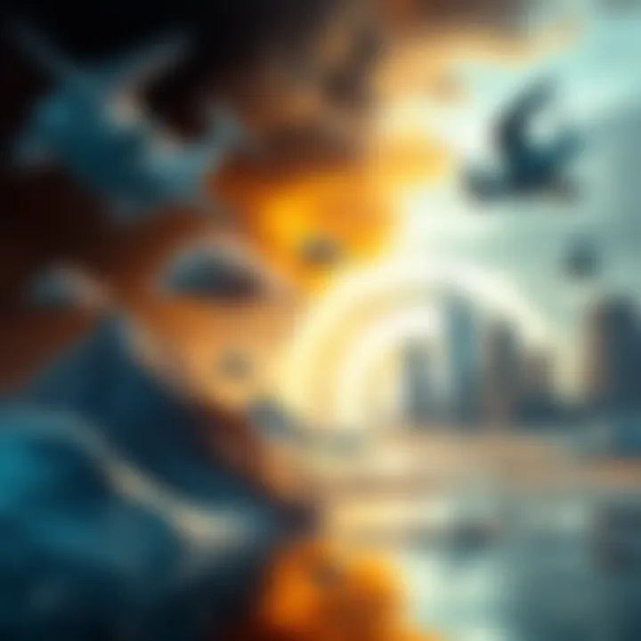 A visual showing environmental changes like climate shifts and economic trends affecting daily life, with images of weather patterns and cityscapes.