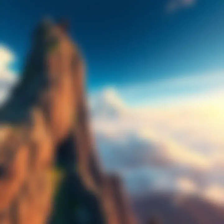 A climber climbs a massive cliff with stunning skies in the background, showcasing vibrant visuals and adventurous spirit.