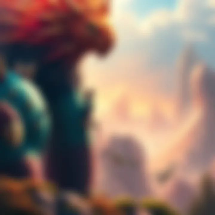 A character climbing a massive, colorful creature in a fantasy landscape, ready to forge a friendship.