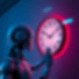 An AI figure looking puzzled at a wall clock, symbolizing ChatGPT's struggle to understand time.
