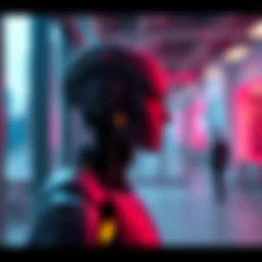 A clone stands in a corporate office, looking contemplative as it gazes at a reflection in a glass window, symbolizing its search for identity and purpose.