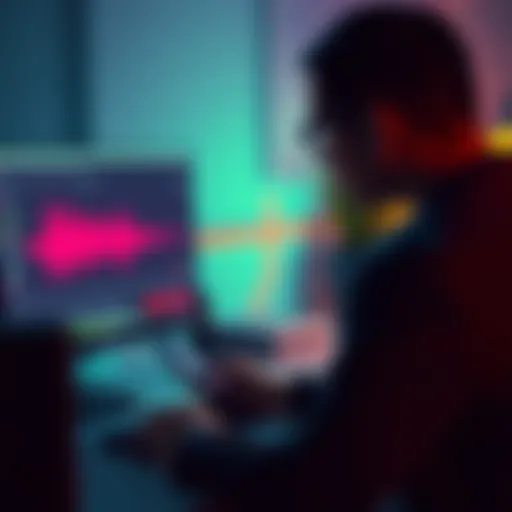 A person using a computer to clone an Indian male voice with TTS technology, showing a software interface and audio waveforms on the screen.