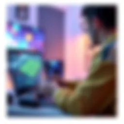 Cloud gaming technology in action A gamer using a cloud gaming service on a laptop, with gaming graphics displayed on screen