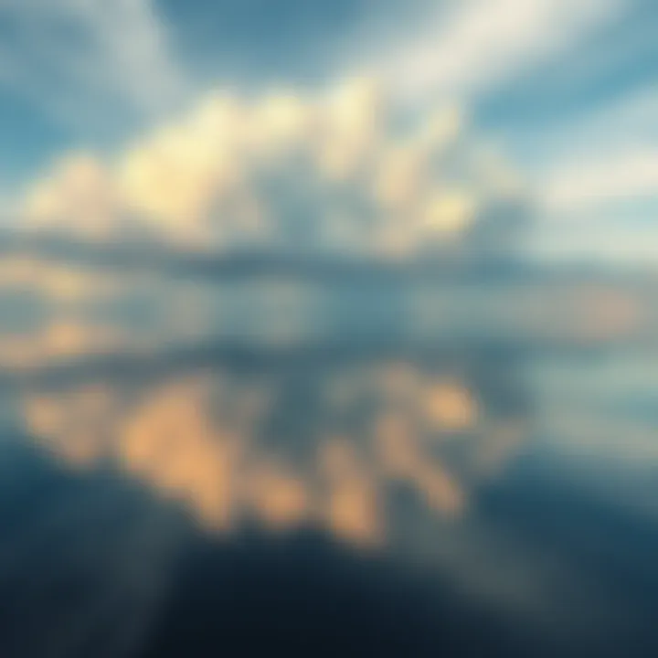 A serene lake reflecting detailed clouds with enhanced clarity and color