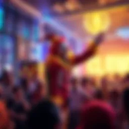 A lively clown performing in colorful costumes, surrounded by an enthusiastic crowd enjoying the show at the Clown Room.