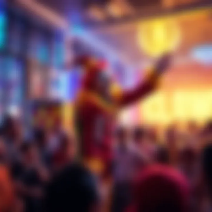 A lively clown performing in colorful costumes, surrounded by an enthusiastic crowd enjoying the show at the Clown Room.