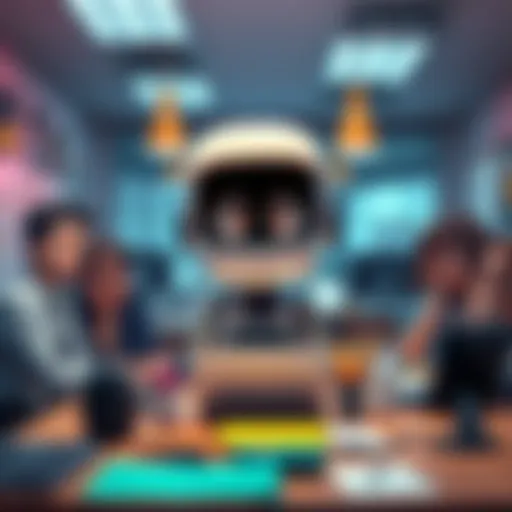 A cartoonish AI character looking confused at a desk with office supplies, surrounded by frustrated coworkers.