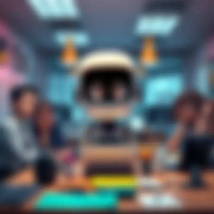 Clueless AI Character in Office Setting A cartoonish AI character looking confused at a desk with office supplies, surrounded by frustrated coworkers.