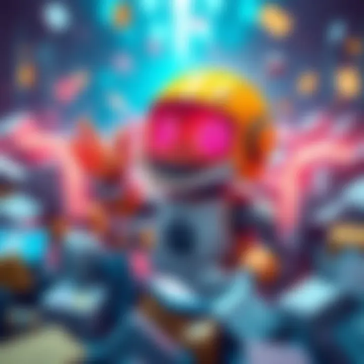 A quirky robot cleaning up digital clutter with a cheerful expression, surrounded by organized data files and bright colors.