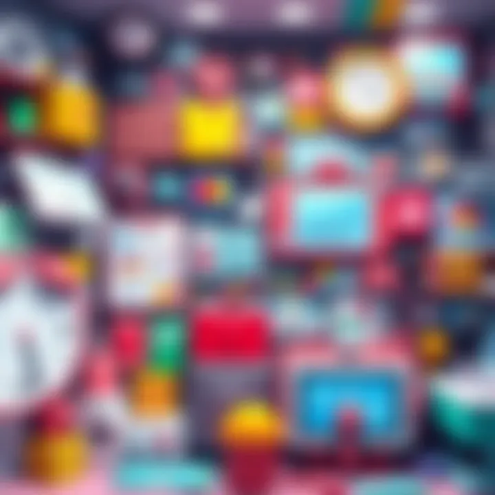 A vibrant and busy user interface showcasing various educational elements and colorful icons in a disorganized layout.