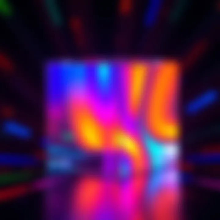 A clear CMY cube displaying light refraction through its glass surfaces, surrounded by colorful light beams