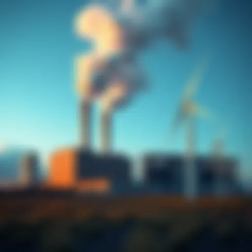 An image showing a coal power plant on one side and a wind farm on the other, highlighting the contrast between coal and renewable wind energy.