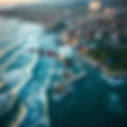 Aerial view of a coastal town with waves crashing near the shore, highlighting tsunami threat.