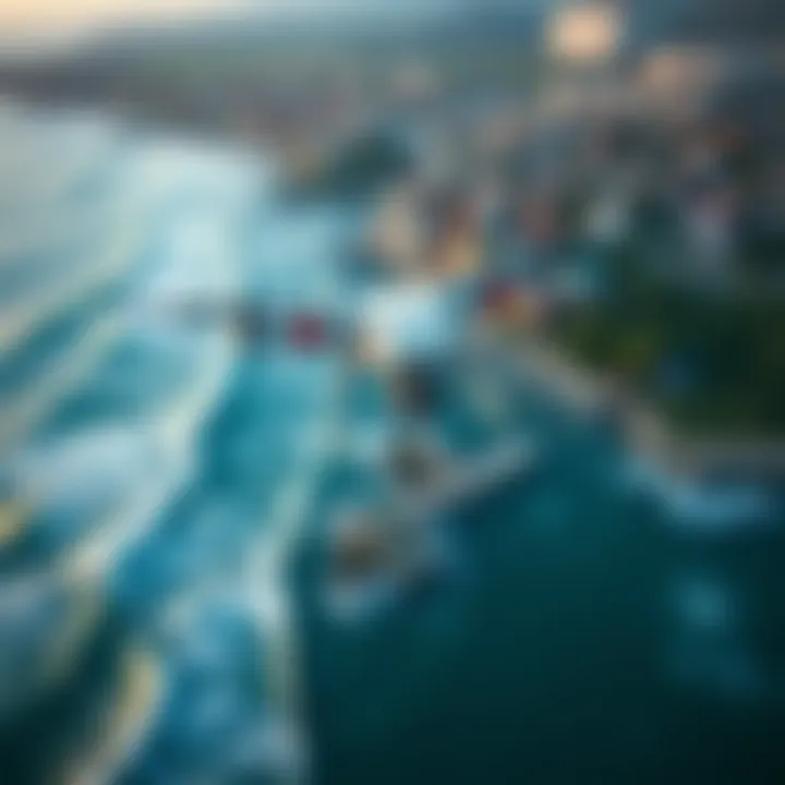 Aerial view of a coastal town with waves crashing near the shore, highlighting tsunami threat.