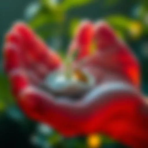 A hand gently wrapping a small plant in a soft cocoon, symbolizing the nurturing of ideas for growth.