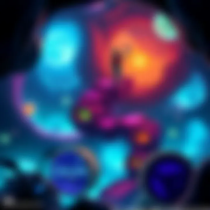 A vibrant, colorful scene from the Cocoon puzzle game showcasing a character solving a challenge in a unique world.