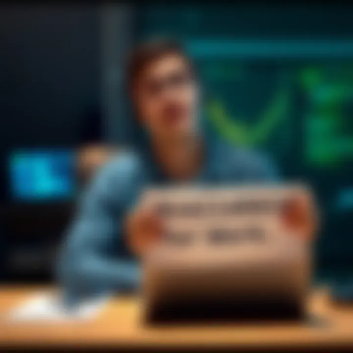 A skilled coder sitting at a desk with a laptop, looking hopeful while displaying a sign that says 'Available for Work'.