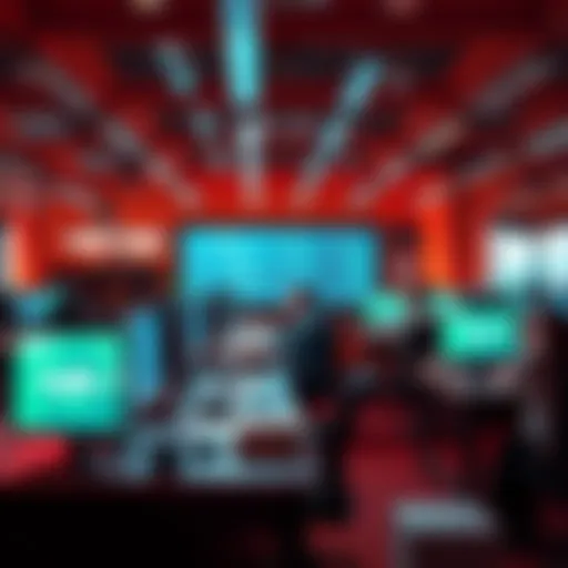 A group of programmers collaborating at desks filled with computer monitors and coding books in a vibrant office space from the 2010s