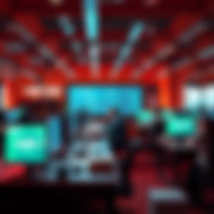 A group of programmers collaborating at desks filled with computer monitors and coding books in a vibrant office space from the 2010s
