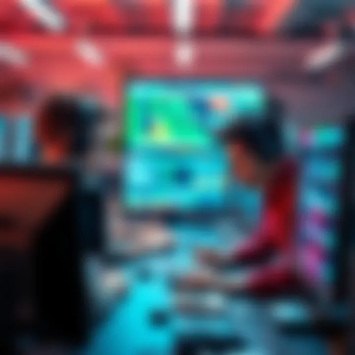 A group of coders collaborating with artificial intelligence tools on their computers, showing determination and focus in a tech workspace.