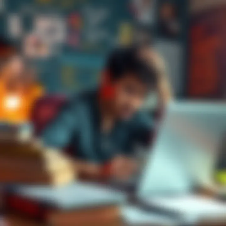 Coding Challenges A person looking frustrated while working on a laptop surrounded by notes and coding books.