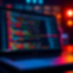 A laptop screen displaying code with arrays and loops highlighted, emphasizing organized and efficient programming