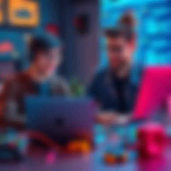 A coding enthusiast and a friend working together on a laptop, brainstorming ideas for a casual game, with game development elements around them.