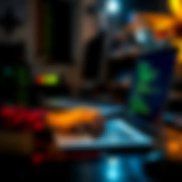 A programmer working on a laptop, writing code with default variable values highlighted on the screen.