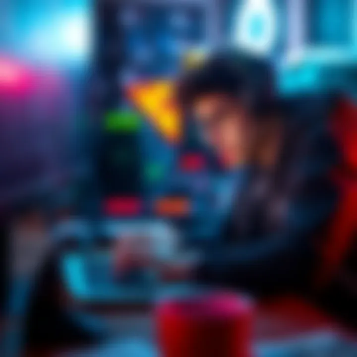 A game developer practicing programming on a laptop, looking focused and determined