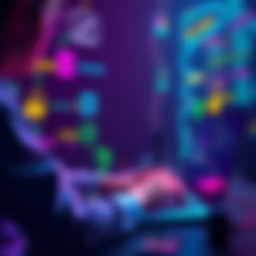 A person working on a laptop with coding symbols and app features like database, authentication, and hosting around them.