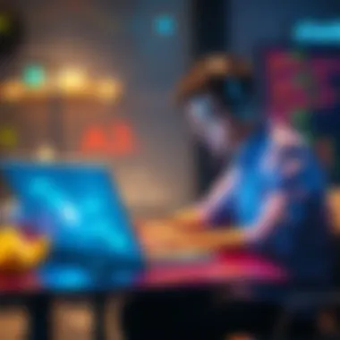 A person sitting at a desk with a laptop, using ChatGPT for coding help, focused on the screen