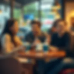Lu, Preston, and Lisa sitting at a cafe table with coffee cups, laughing and chatting