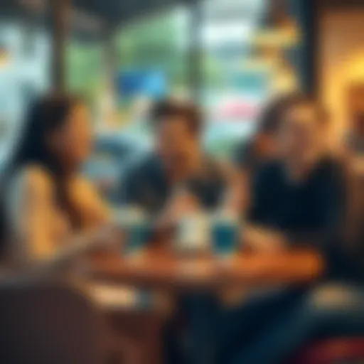 Lu, Preston, and Lisa sitting at a cafe table with coffee cups, laughing and chatting