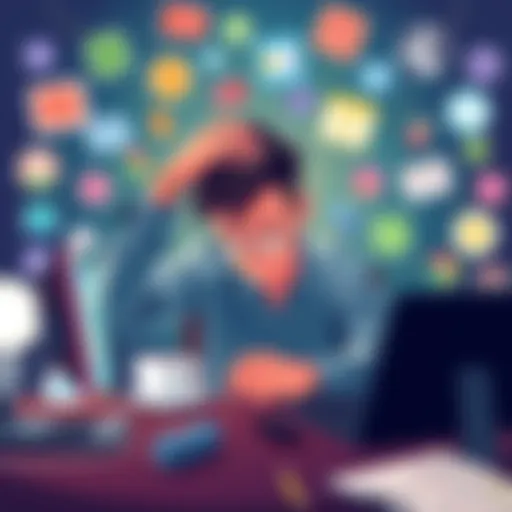 A person sitting at a desk surrounded by AI apps, looking overwhelmed and distracted while holding their head, symbolizing cognitive debt.