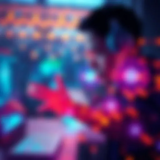 A digital representation of human and AI interaction, showing a person engaging with AI tools in a vibrant online environment.