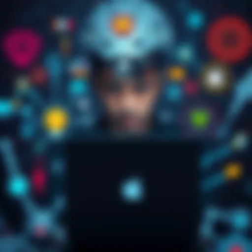 A person looking concerned at a laptop surrounded by various AI tools, illustrating dependence on technology for thinking.