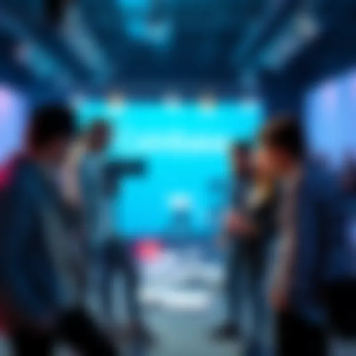 A team of creatives working on set for the Coinbase commercial, discussing ideas and reviewing scripts.