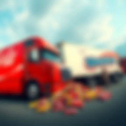 A Coke truck and a Mentos truck parked side by side with a humorous scene of soda cans and Mentos spilling out, attracting attention from nearby people.