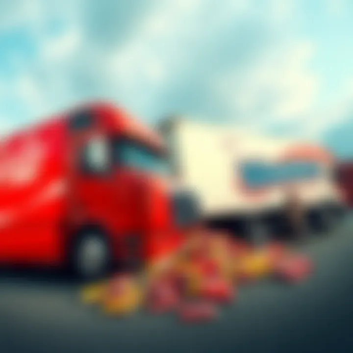 A Coke truck and a Mentos truck parked side by side with a humorous scene of soda cans and Mentos spilling out, attracting attention from nearby people.
