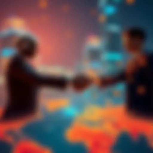 Representatives from different nations shaking hands over a digital map representing AI technology